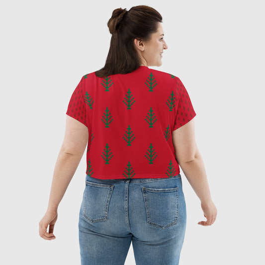 Women's crop tee, Red green crop tee, Cut & sew sublimation tee, Festive pattern Tee, Trendy crop tee for summer and spring - PratSN
