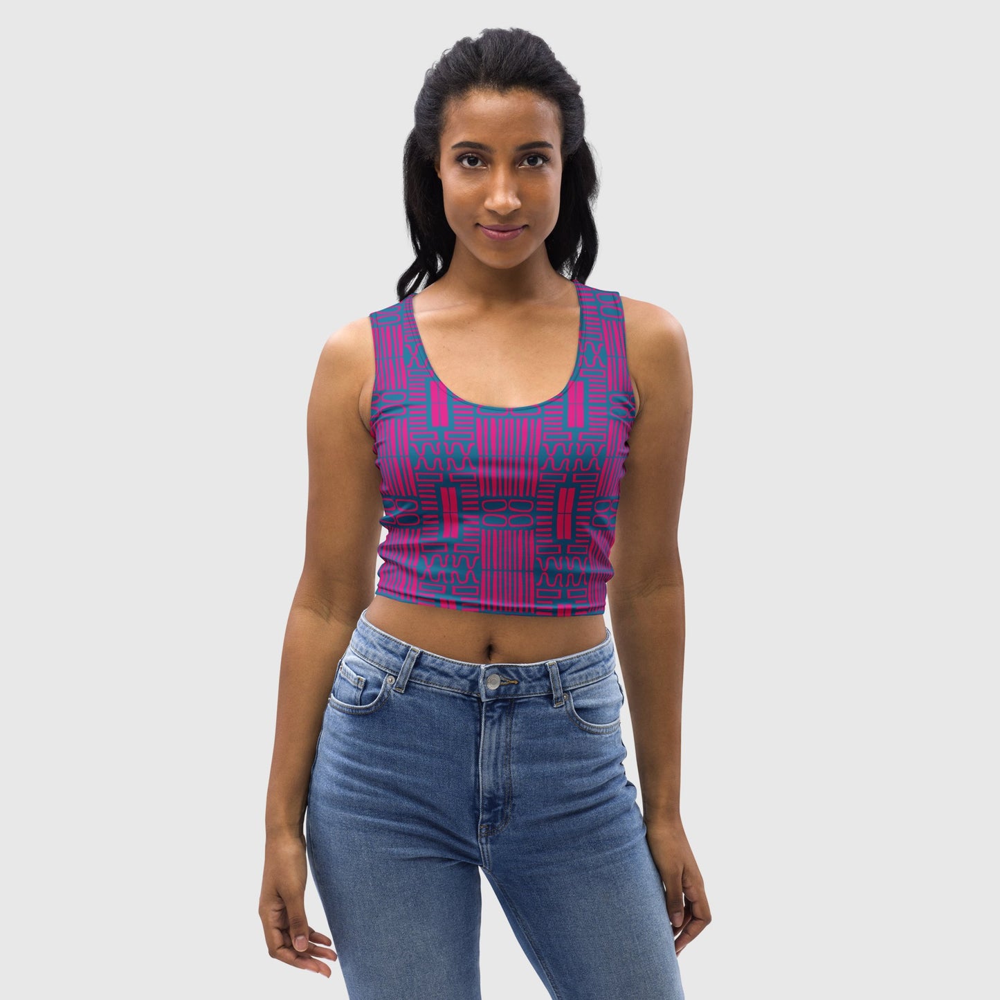 Women's Crop Top, Bright Summer Sky and pink Crop Top, Body Hugging Fit, Geometric pattern top, Handmade Top, Casual Crop Top, Summer and spring top - PratSN