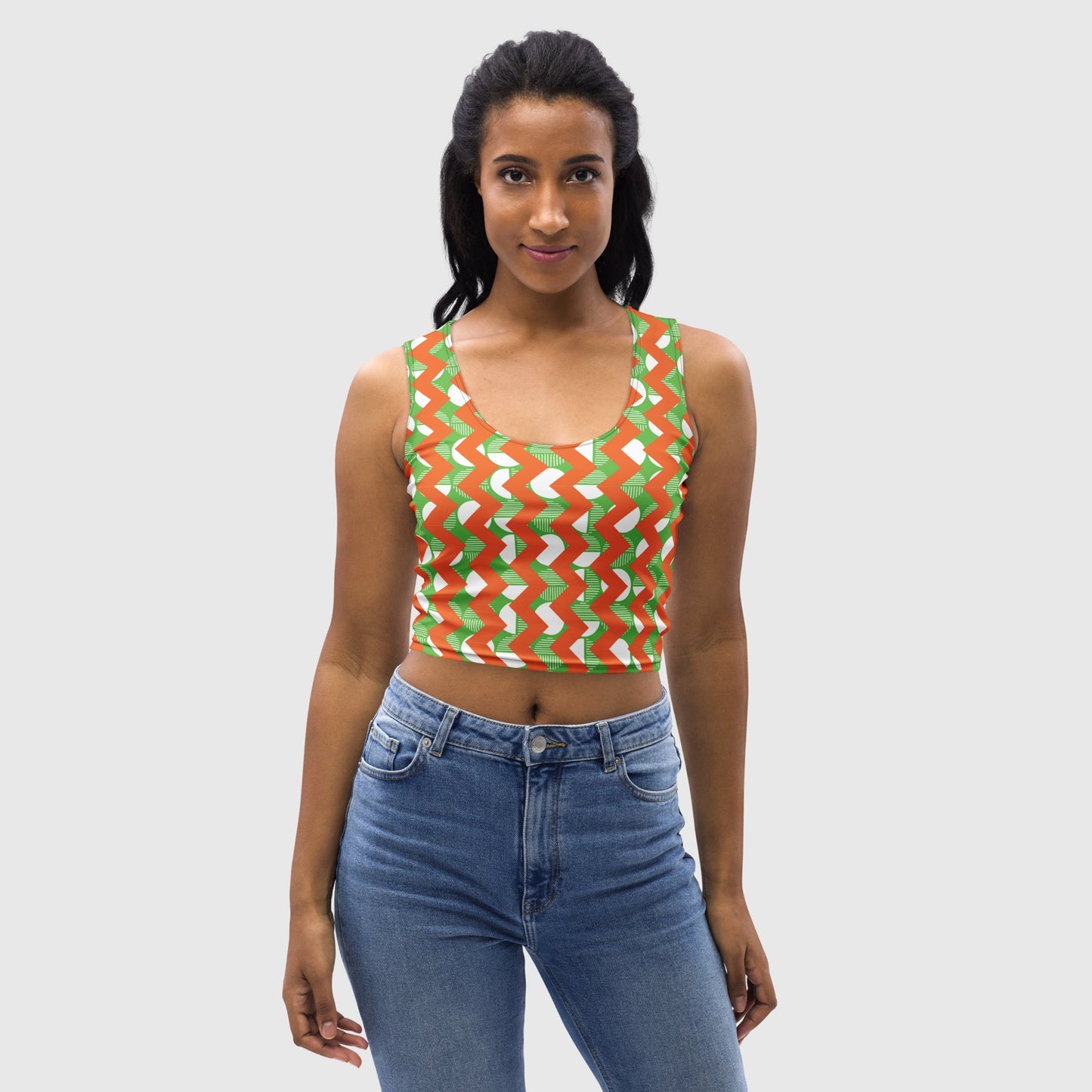 Women's Crop Top, Kelly Green and orange Crop Top, Body Hugging Fit, Geometric pattern, Handmade Top, Casual Crop Top, Summer and spring top - PratSN