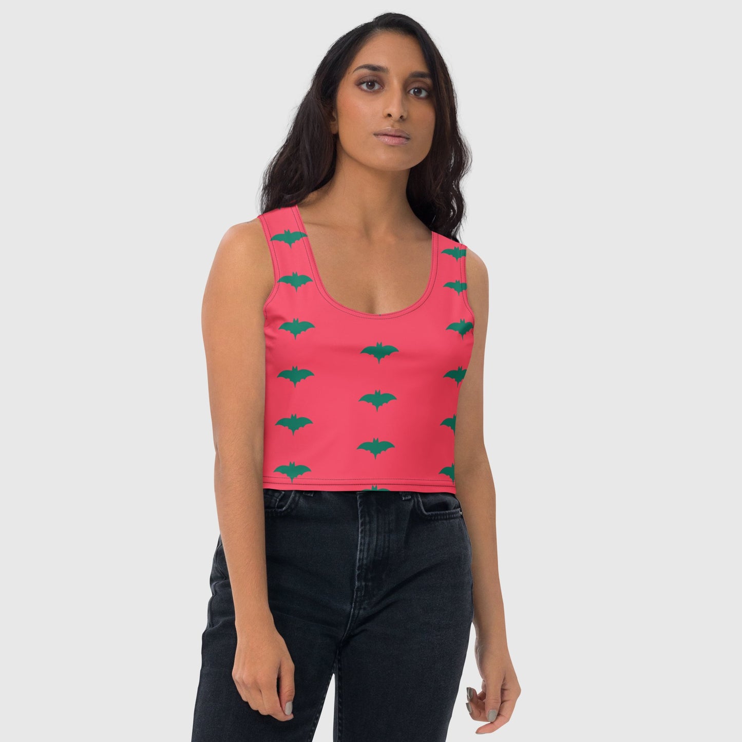 Women's Crop Top, Radical red and green top, Women's Tank Top, Green Bat Silhouette pattern top, handmade Crop Top, Summer tank Top, Casual Top - PratSN
