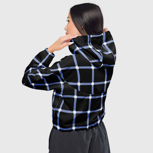 Women’s cropped windbreaker, Black - sky blue and white windbreaker, Multi - color windbreaker, Geometric pattern windbreaker, Windbreaker with packets, Black zip, Windbreaker with hoodie, Street dress - PratSN