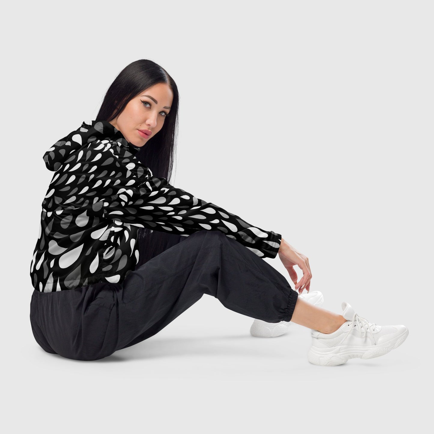 Women’s cropped windbreaker, Black - white - gray windbreaker, Multi - color windbreaker, Geometric pattern windbreaker, Windbreaker with packets, Black zip, Windbreaker with hoodie, Street dress - PratSN