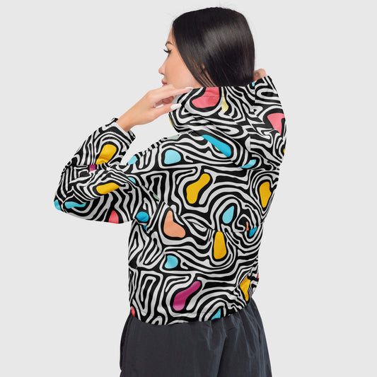 Women’s cropped windbreaker, Black - yellow - white - sky blue color windbreaker, Multi - color windbreaker, Contour pattern windbreaker, Windbreaker with packets, Black zip, Windbreaker with hoodie, Street dress - PratSN