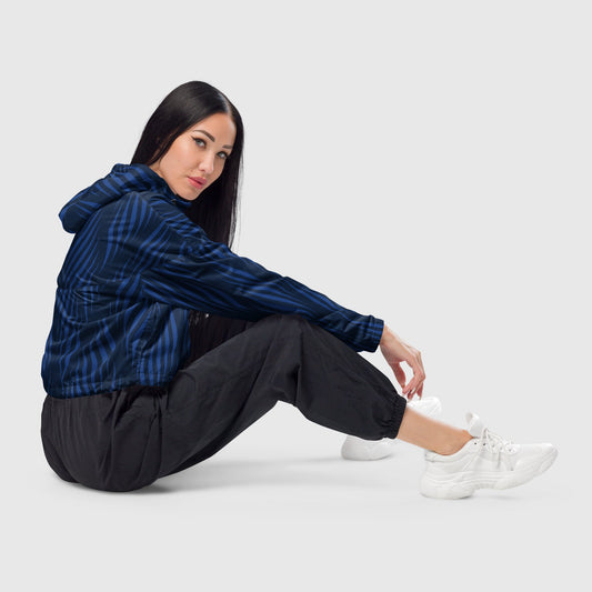Women’s cropped windbreaker, Blue and Black windbreaker, Stripped windbreaker, Windbreaker with packets, Black zip, Windbreaker with hoodie, Street dress - PratSN