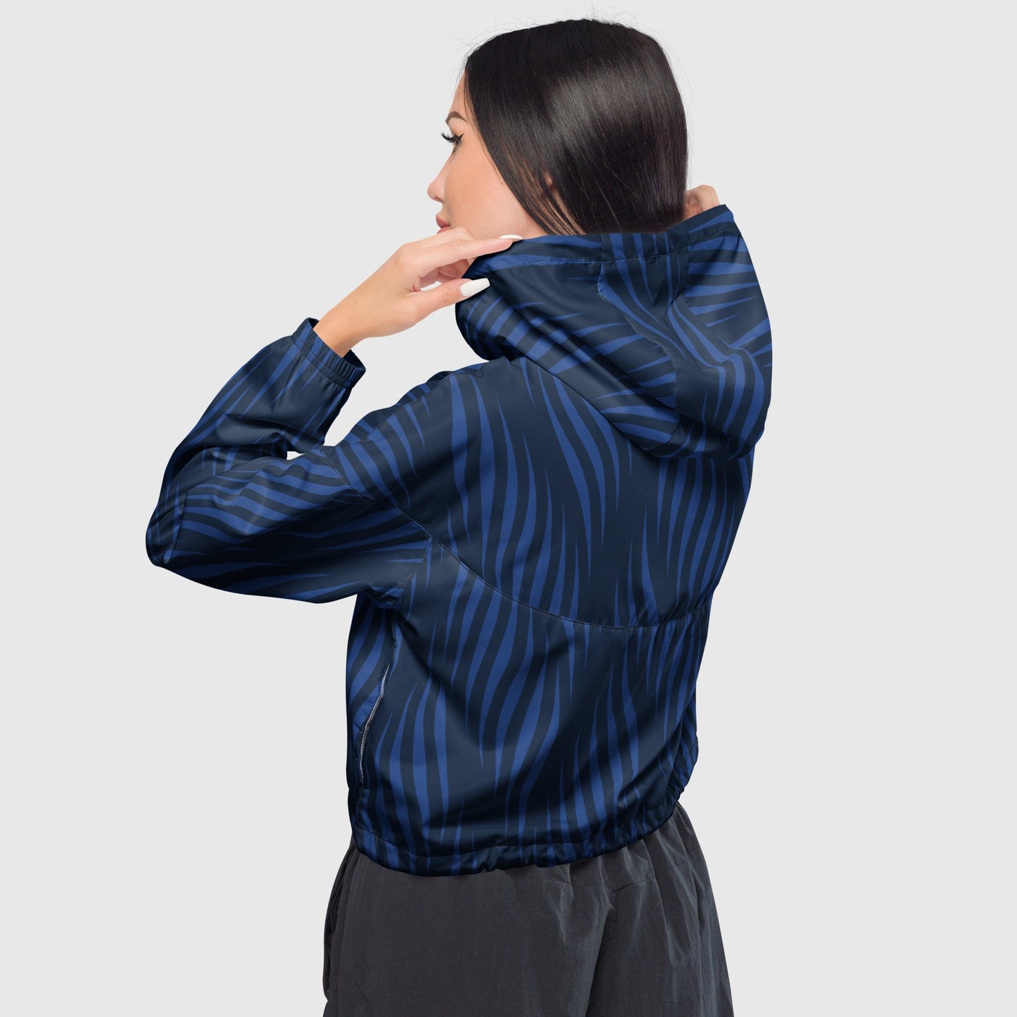 Women’s cropped windbreaker, Blue and Black windbreaker, Stripped windbreaker, Windbreaker with packets, Black zip, Windbreaker with hoodie, Street dress - PratSN