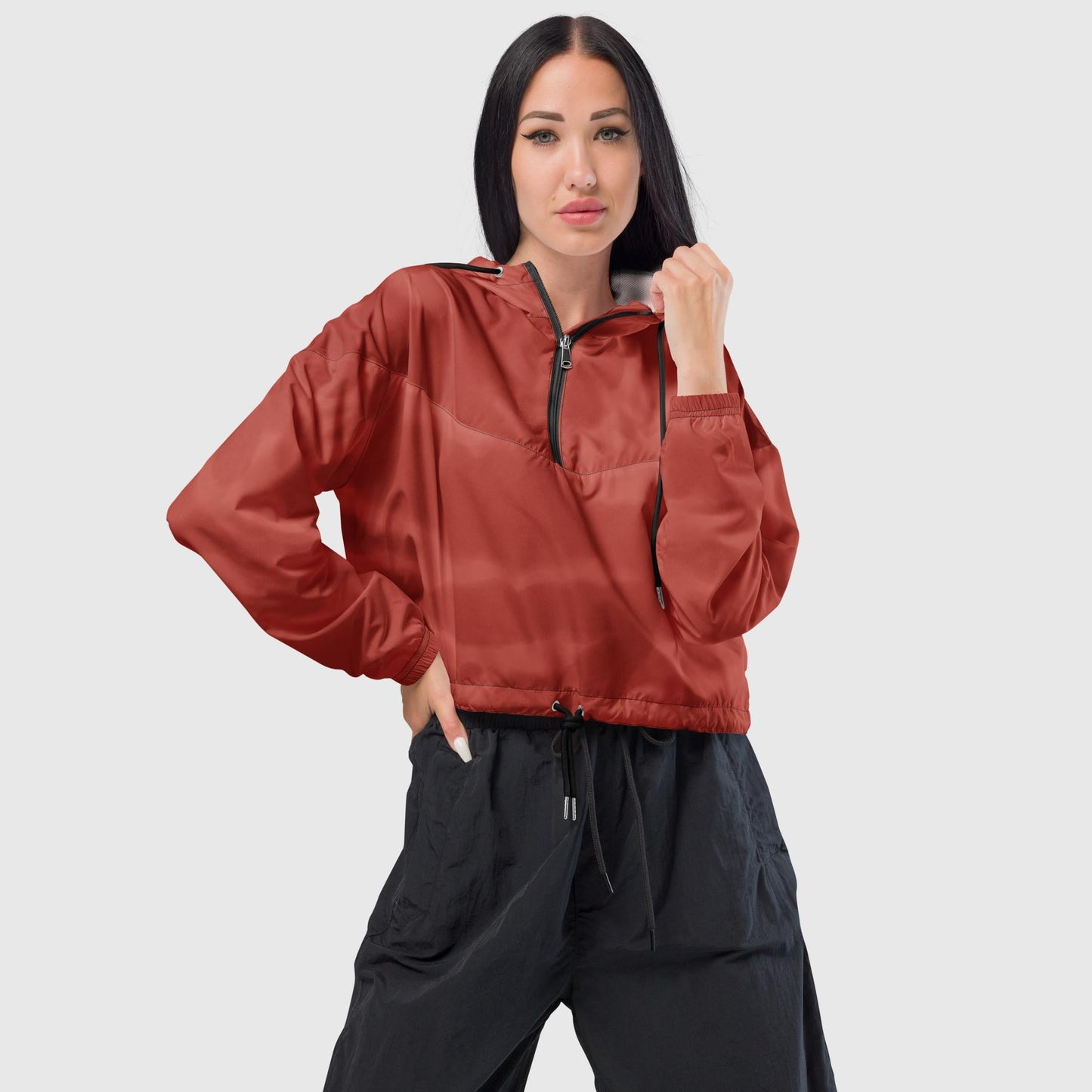 Women’s cropped windbreaker, Brick red windbreaker, Windbreaker with packets, Black zip, Windbreaker with hoodie, Street dress - PratSN
