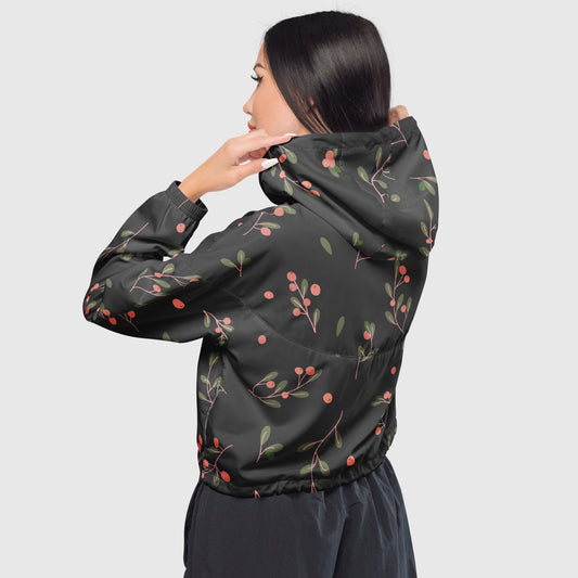 Women’s cropped windbreaker, Dark color windbreaker, Blooming pattern windbreaker, Street dress - PratSN
