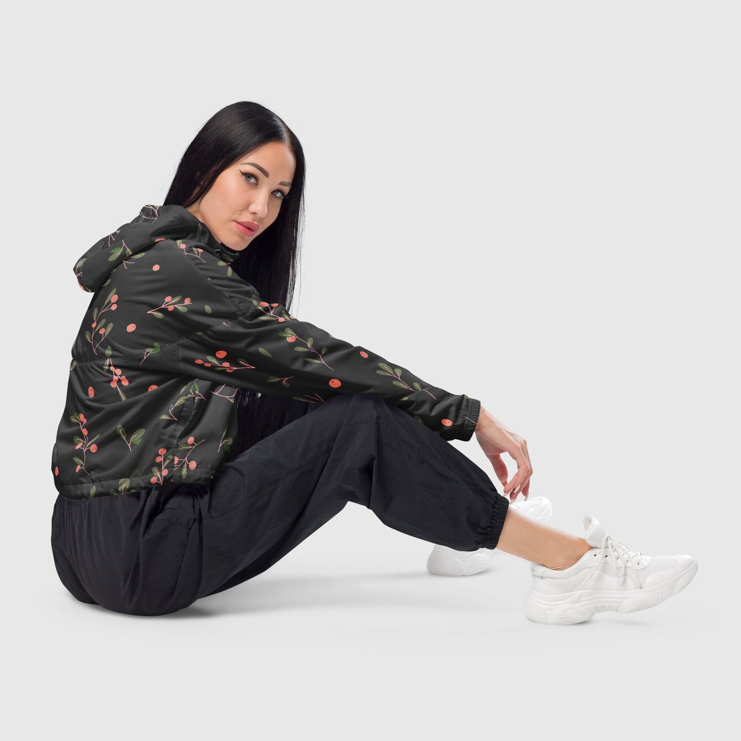 Women’s cropped windbreaker, Dark color windbreaker, Blooming pattern windbreaker, Street dress - PratSN