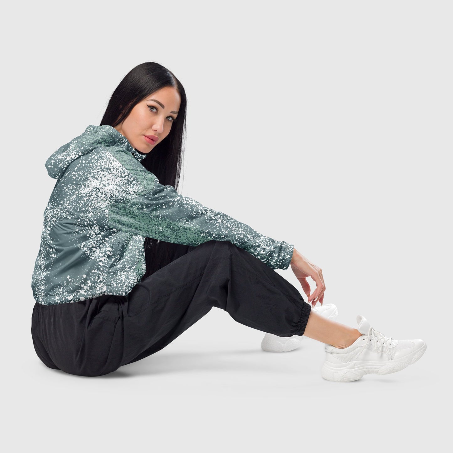 Women’s cropped windbreaker, Gray and white windbreaker, Glitter pattern windbreaker, Windbreaker with packets, Black zip, Windbreaker with hoodie, Street dress - PratSN