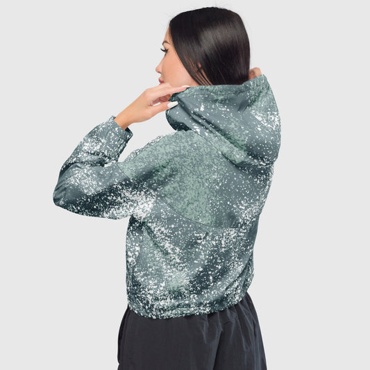 Women’s cropped windbreaker, Gray and white windbreaker, Glitter pattern windbreaker, Windbreaker with packets, Black zip, Windbreaker with hoodie, Street dress - PratSN