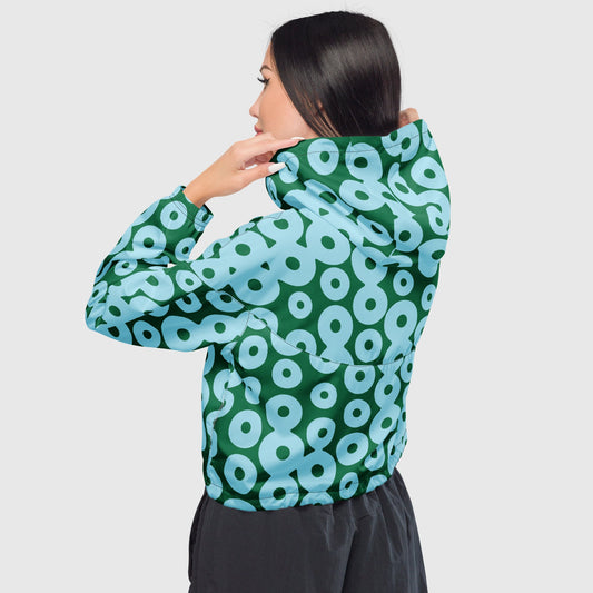 Women’s cropped windbreaker, Green and sky blue windbreaker, Geometric pattern windbreaker, Windbreaker with packets, Black zip, Windbreaker with hoodie, Street dress - PratSN