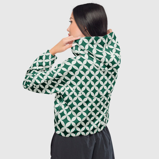 Women’s cropped windbreaker, Green and white windbreaker, Geometric windbreaker, Windbreaker with packets, Black zip, Windbreaker with hoodie, Street dress - PratSN