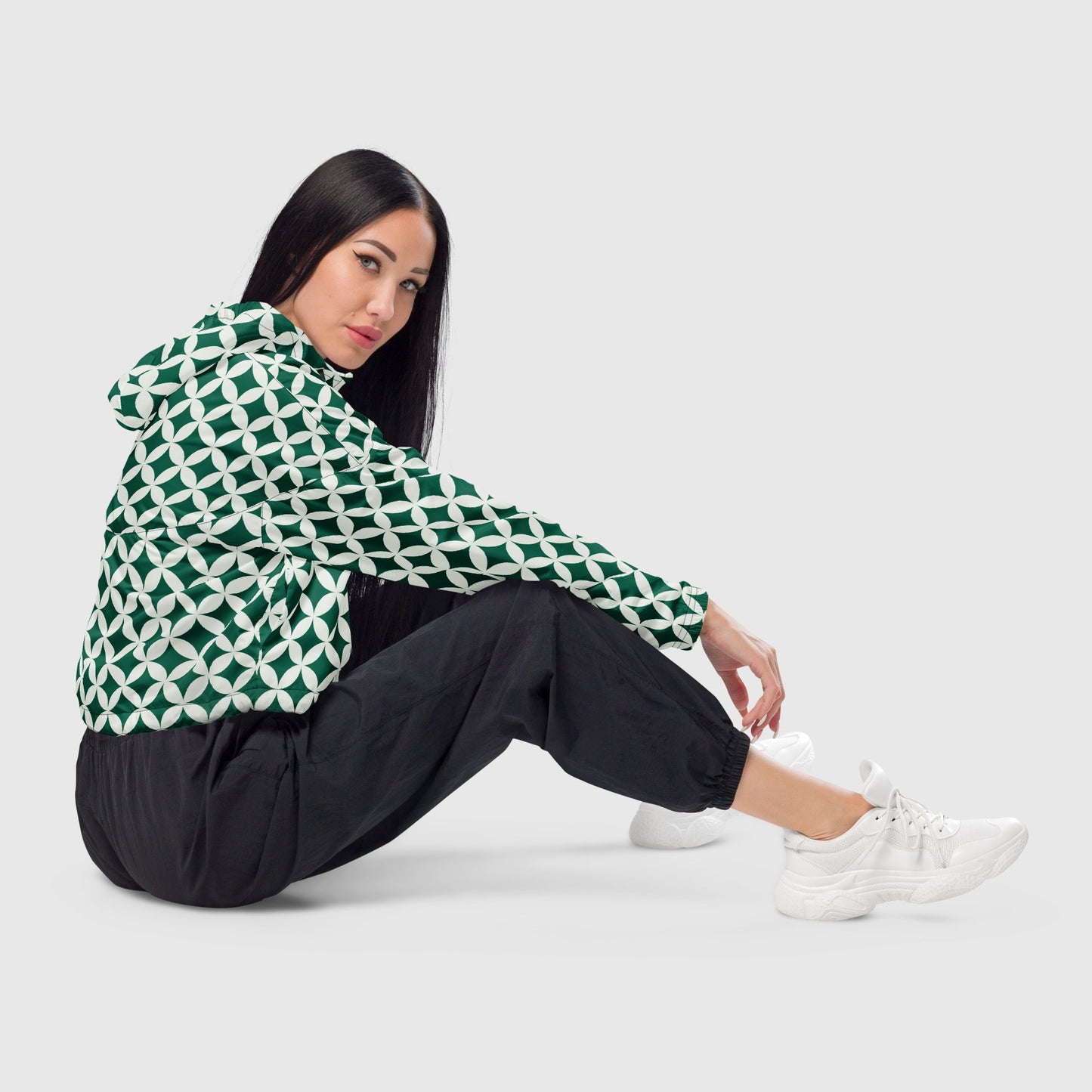 Women’s cropped windbreaker, Green and white windbreaker, Geometric windbreaker, Windbreaker with packets, Black zip, Windbreaker with hoodie, Street dress - PratSN