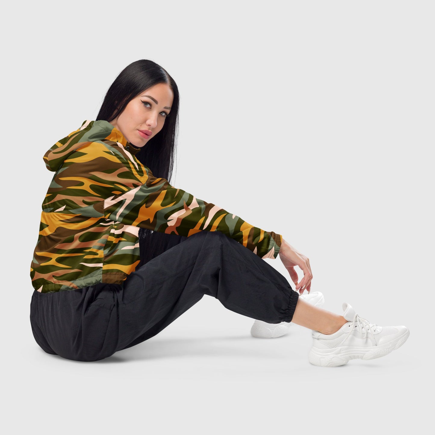 Women’s cropped windbreaker, Green - yellow - brown windbreaker, Multi - color windbreaker, Mosaic pattern windbreaker, Windbreaker with packets, Black zip, Windbreaker with hoodie, Street dress - PratSN