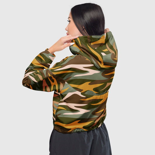 Women’s cropped windbreaker, Green - yellow - brown windbreaker, Multi - color windbreaker, Mosaic pattern windbreaker, Windbreaker with packets, Black zip, Windbreaker with hoodie, Street dress - PratSN