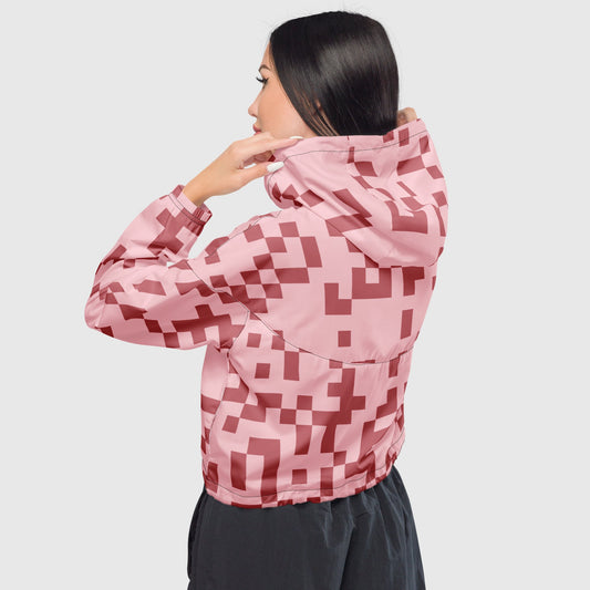 Women’s cropped windbreaker, Light Pink and Brick red windbreaker, Geometric pattern windbreaker, Windbreaker with packets, Black zip, Windbreaker with hoodie, Street dress - PratSN
