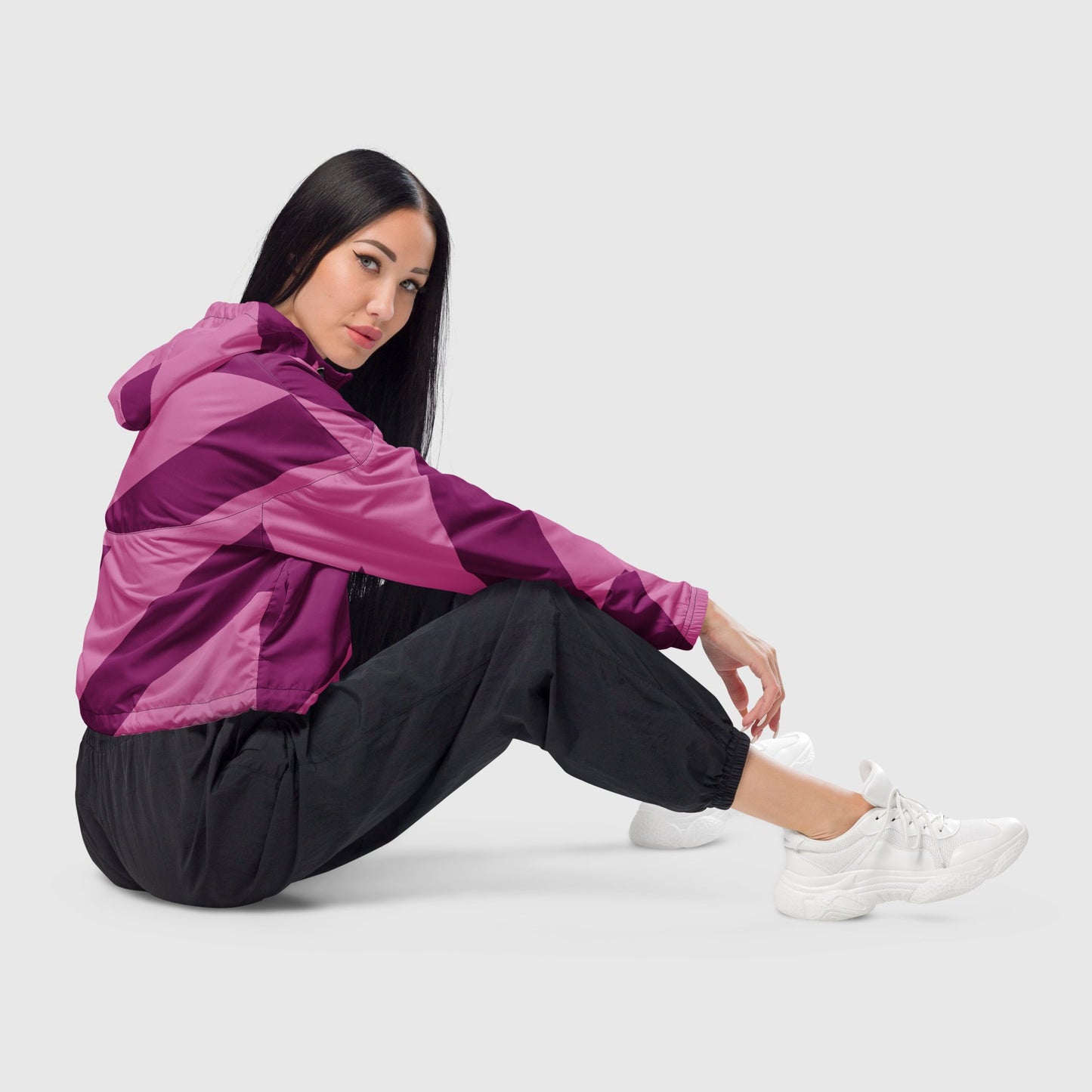 Women’s cropped windbreaker, Light pink and wine color windbreaker, Stripped pattern windbreaker, Street dress - PratSN