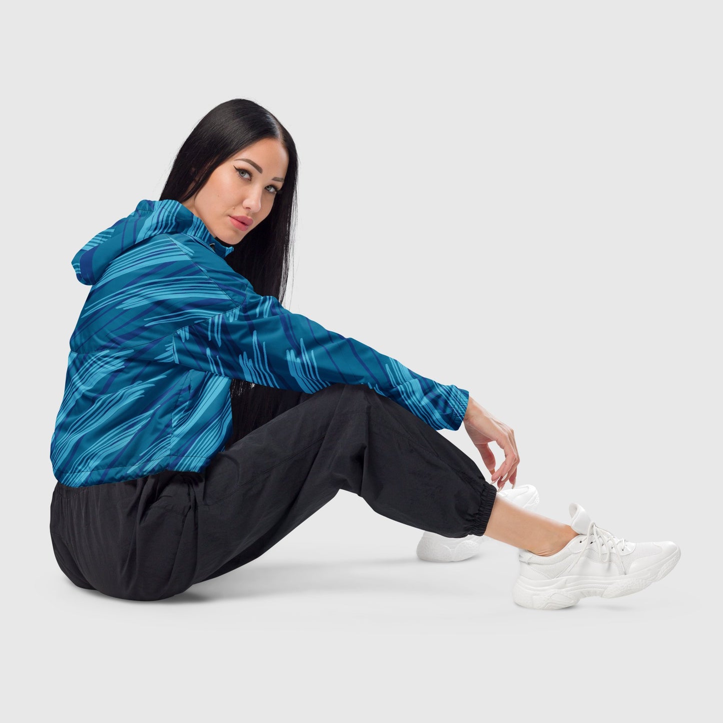 Women’s cropped windbreaker, Light to dark blue color windbreaker, Stripped pattern windbreaker, Windbreaker with packets, Windbreaker with hoodie, Street dress - PratSN