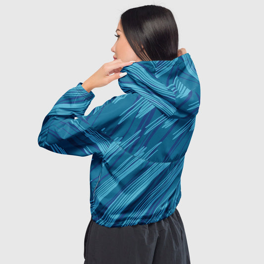 Women’s cropped windbreaker, Light to dark blue color windbreaker, Stripped pattern windbreaker, Windbreaker with packets, Windbreaker with hoodie, Street dress - PratSN