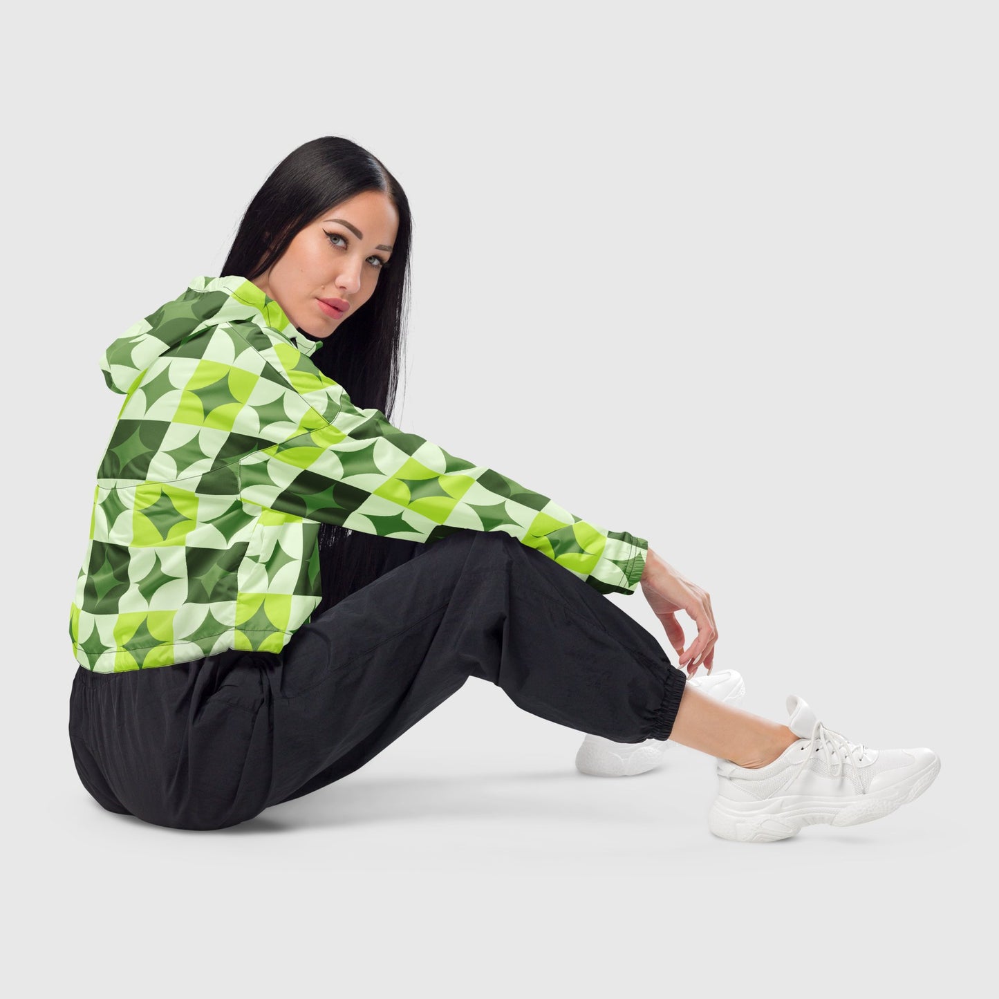 Women’s cropped windbreaker, Light to dark green color windbreaker, Geometric pattern windbreaker, Windbreaker with packets, Windbreaker with hoodie, Street dress - PratSN
