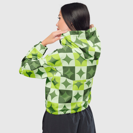Women’s cropped windbreaker, Light to dark green color windbreaker, Geometric pattern windbreaker, Windbreaker with packets, Windbreaker with hoodie, Street dress - PratSN