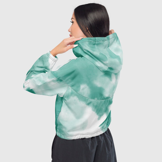 Women’s cropped windbreaker, Light to dark green color windbreaker, Mosaic windbreaker, Geometric pattern windbreaker, Windbreaker with packets, Windbreaker with hoodie, Street dress - PratSN