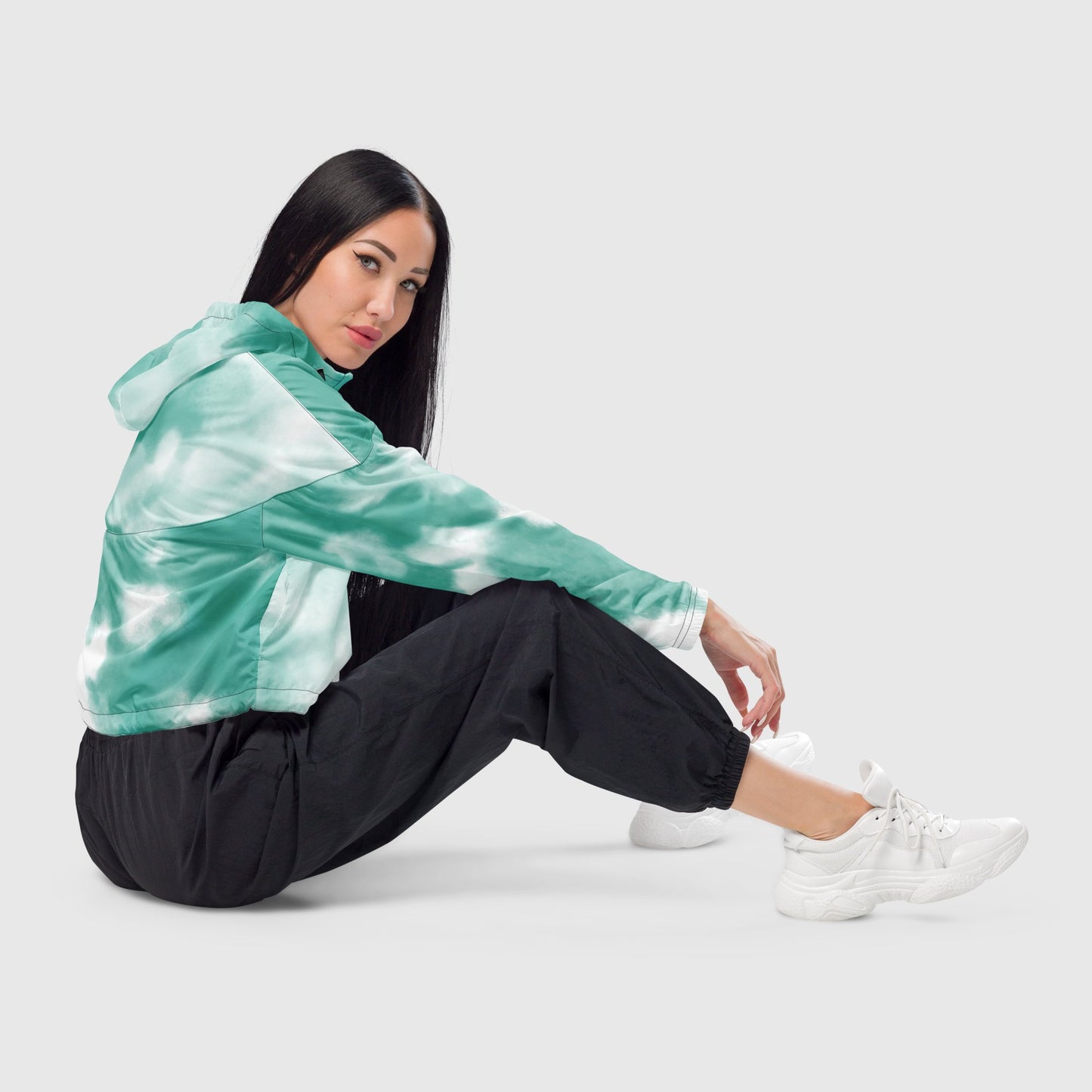 Women’s cropped windbreaker, Light to dark green color windbreaker, Mosaic windbreaker, Geometric pattern windbreaker, Windbreaker with packets, Windbreaker with hoodie, Street dress - PratSN