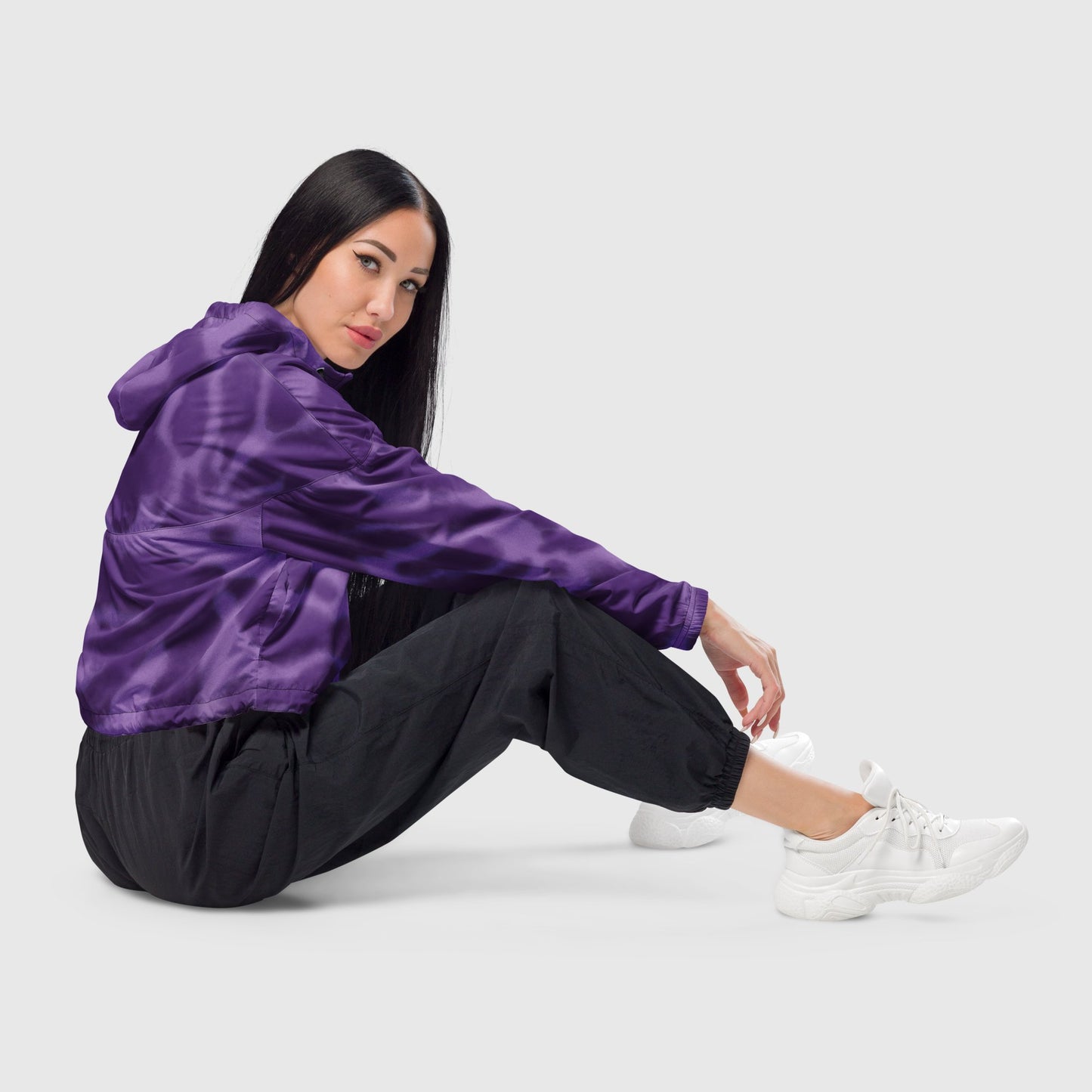 Women’s cropped windbreaker, Light to dark violet color windbreaker, Abstract windbreaker, Geometric pattern windbreaker, Windbreaker with packets, Windbreaker with hoodie, Street dress - PratSN