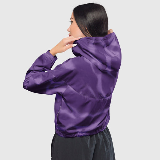 Women’s cropped windbreaker, Light to dark violet color windbreaker, Abstract windbreaker, Geometric pattern windbreaker, Windbreaker with packets, Windbreaker with hoodie, Street dress - PratSN