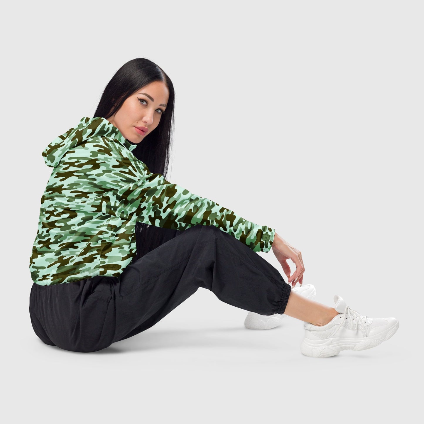 Women’s cropped windbreaker, Military color windbreaker, Abstract windbreaker, Windbreaker with packets, Black zip, Windbreaker with hoodie, Street dress - PratSN