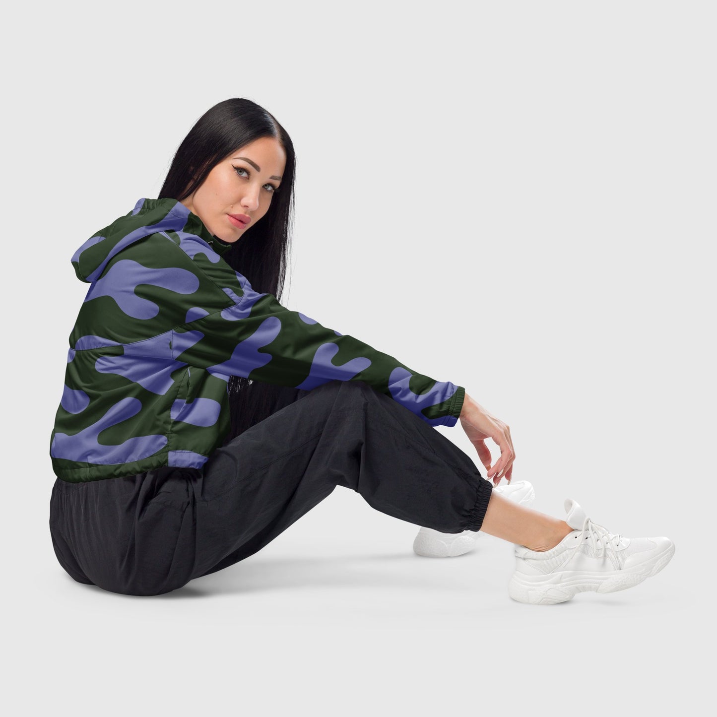 Women’s cropped windbreaker, Military green and sky blue windbreaker, Abstract windbreaker, Windbreaker with packets, Black zip, Windbreaker with hoodie, Street dress - PratSN