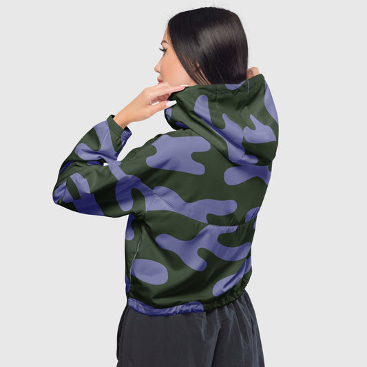 Women’s cropped windbreaker, Military green and sky blue windbreaker, Abstract windbreaker, Windbreaker with packets, Black zip, Windbreaker with hoodie, Street dress - PratSN