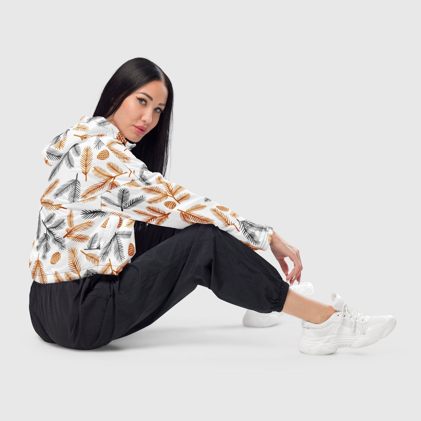 Women’s cropped windbreaker, Multi - color windbreaker, leaf pattern windbreaker, Windbreaker with packets, Black zip, Windbreaker with hoodie, Street dress - PratSN