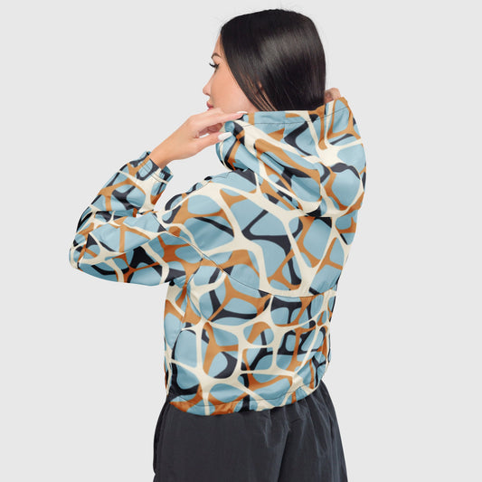 Women’s cropped windbreaker, Multicolor windbreaker, celeste - white - orange color windbreaker, Geometric pattern windbreaker, Street dress - PratSN