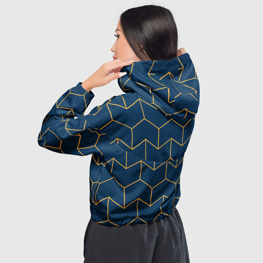 Women’s cropped windbreaker, Navy blue and gold color windbreaker, Geometric pattern windbreaker, Geometric pattern windbreaker, Windbreaker with packets, Black zip, Windbreaker with hoodie, Street dress - PratSN