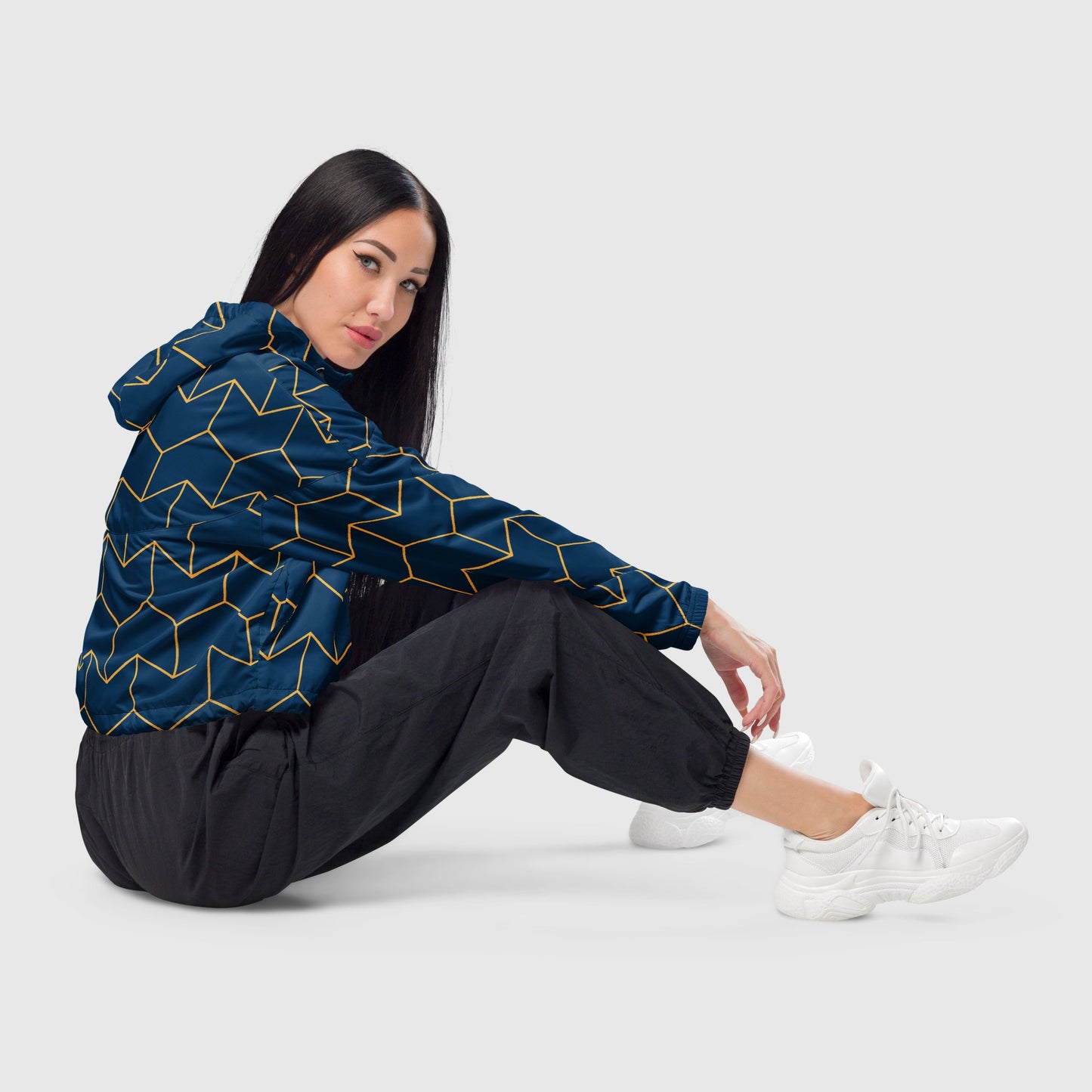 Women’s cropped windbreaker, Navy blue and gold color windbreaker, Geometric pattern windbreaker, Geometric pattern windbreaker, Windbreaker with packets, Black zip, Windbreaker with hoodie, Street dress - PratSN