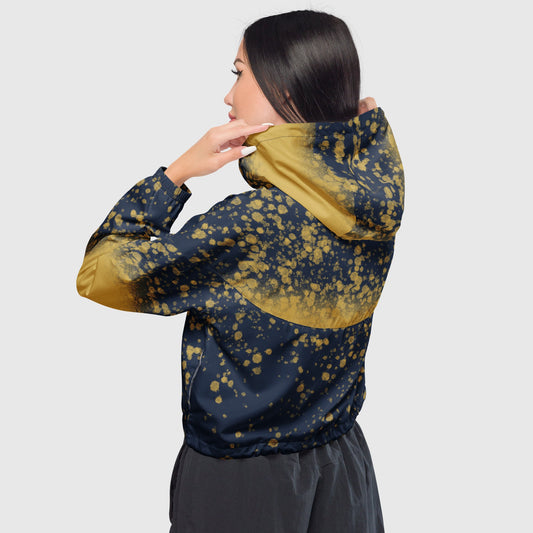 Women’s cropped windbreaker, Navy blue and yellow color windbreaker, Mosaic pattern windbreaker, Windbreaker with packets, Black zip, Windbreaker with hoodie, Street dress - PratSN