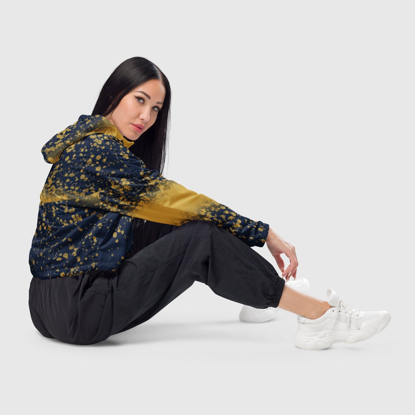 Women’s cropped windbreaker, Navy blue and yellow color windbreaker, Mosaic pattern windbreaker, Windbreaker with packets, Black zip, Windbreaker with hoodie, Street dress - PratSN