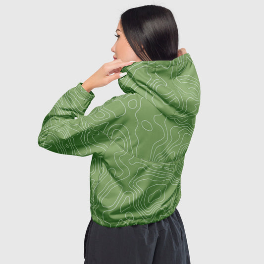 Women’s cropped windbreaker, Olive green and white windbreaker, Contour windbreaker, Windbreaker with packets, Black zip, Windbreaker with hoodie, Street dress - PratSN