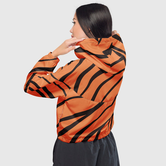 Women’s cropped windbreaker, Orange and black windbreaker, Stripped windbreaker, Windbreaker with packets, Black zip, Windbreaker with hoodie, Street dress - PratSN