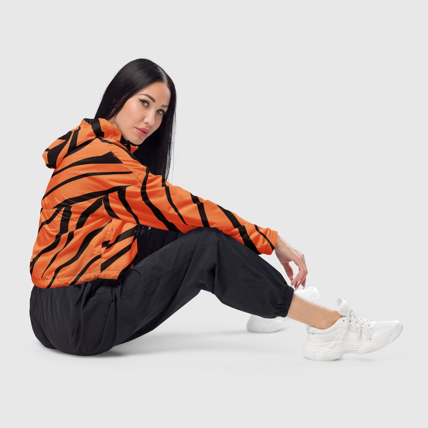 Women’s cropped windbreaker, Orange and black windbreaker, Stripped windbreaker, Windbreaker with packets, Black zip, Windbreaker with hoodie, Street dress - PratSN