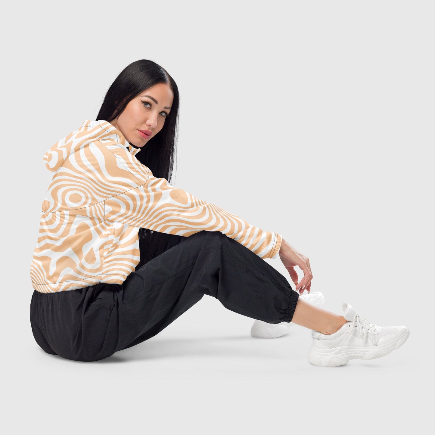 Women’s cropped windbreaker, Orange peach and white windbreaker, Abstract pattern windbreaker, Windbreaker with packets, Black zip, Windbreaker with hoodie, Street dress - PratSN