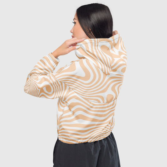 Women’s cropped windbreaker, Orange peach and white windbreaker, Abstract pattern windbreaker, Windbreaker with packets, Black zip, Windbreaker with hoodie, Street dress - PratSN