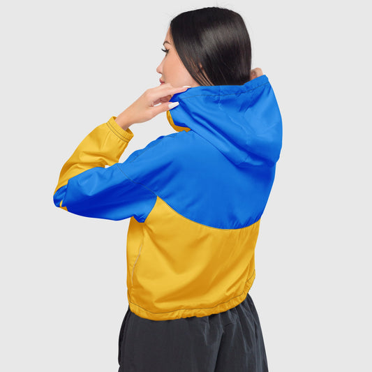 Women’s cropped windbreaker, Pink and blue color windbreaker, Windbreaker with packets, Windbreaker with hoodie, Street dress - PratSN