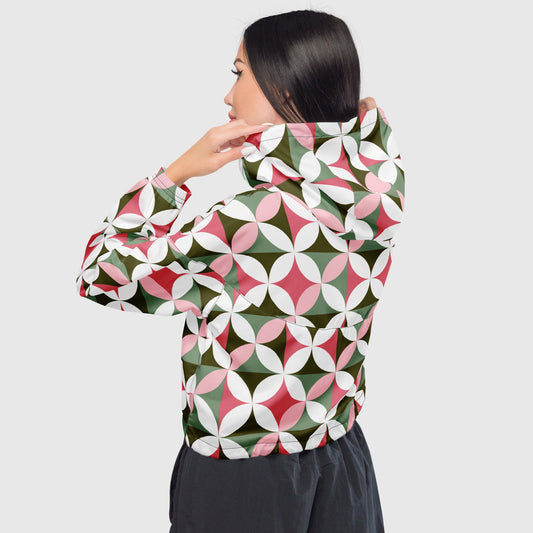 Women’s cropped windbreaker, Pink - white - Green color windbreaker, Geometric pattern windbreaker, Multicolor street dress - PratSN