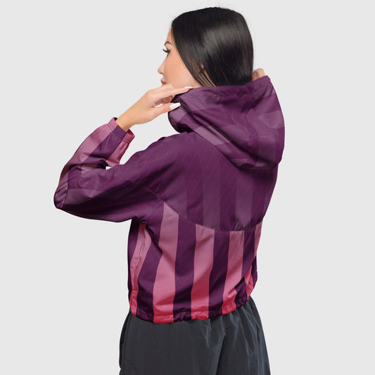 Women’s cropped windbreaker, Purple and pink windbreaker, Multi - color windbreaker, Stripped pattern windbreaker, Windbreaker with packets, Black zip, Windbreaker with hoodie, Street dress - PratSN