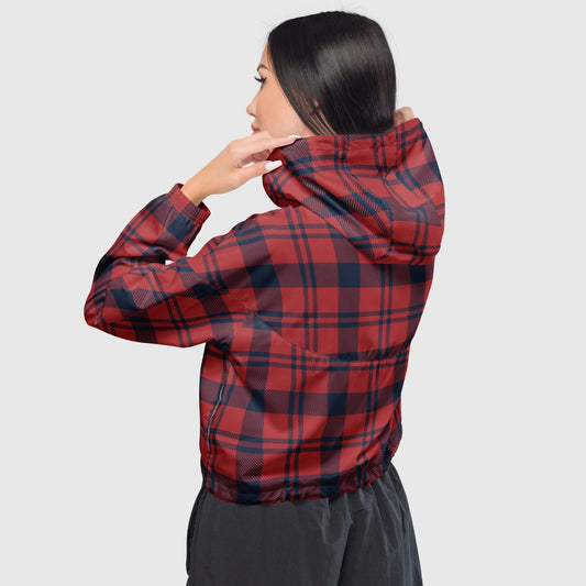 Women’s cropped windbreaker, Red and blue windbreaker, Geometric pattern windbreaker, Windbreaker with packets, Black zip, Windbreaker with hoodie, Street dress - PratSN