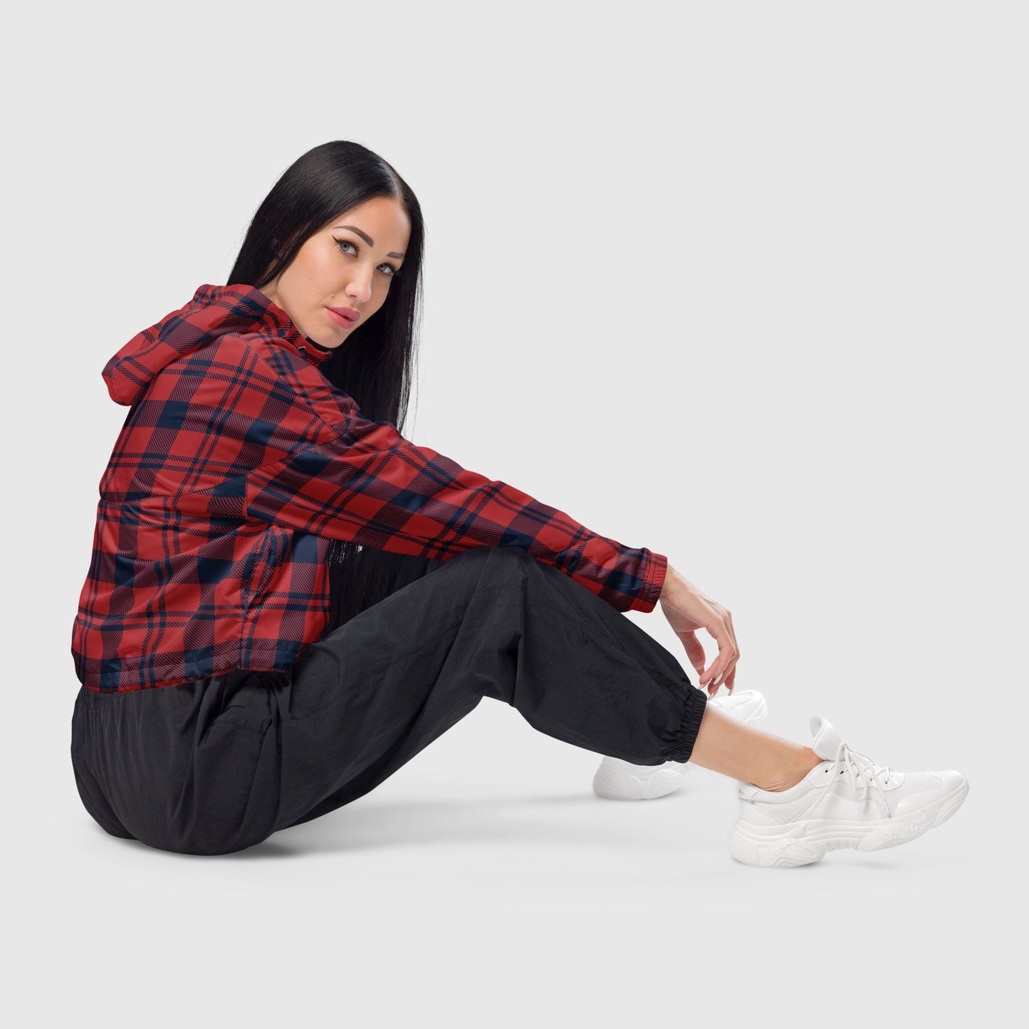 Women’s cropped windbreaker, Red and blue windbreaker, Geometric pattern windbreaker, Windbreaker with packets, Black zip, Windbreaker with hoodie, Street dress - PratSN