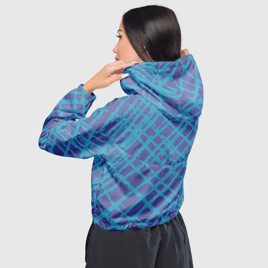 Women’s cropped windbreaker, Sky and dark blue color windbreaker, Geometric pattern windbreaker, Street dress - PratSN