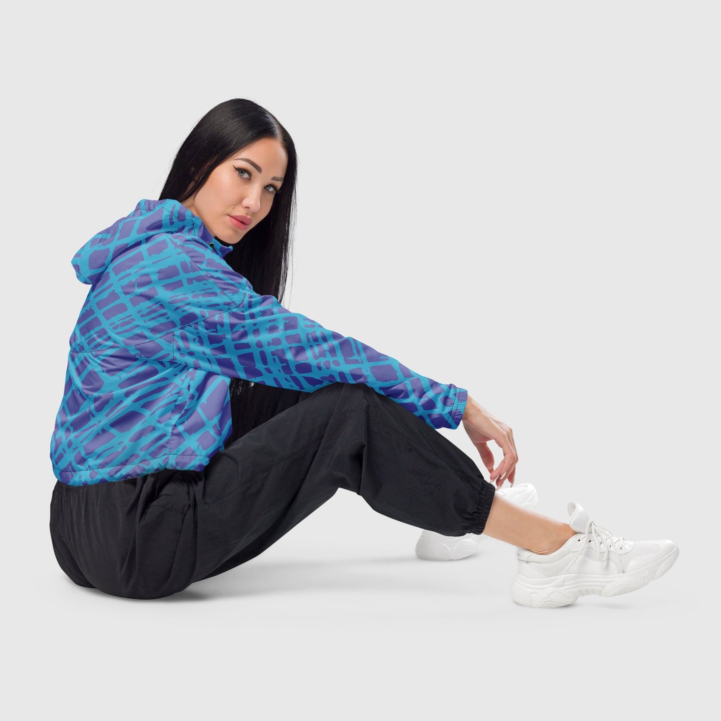 Women’s cropped windbreaker, Sky and dark blue color windbreaker, Geometric pattern windbreaker, Street dress - PratSN